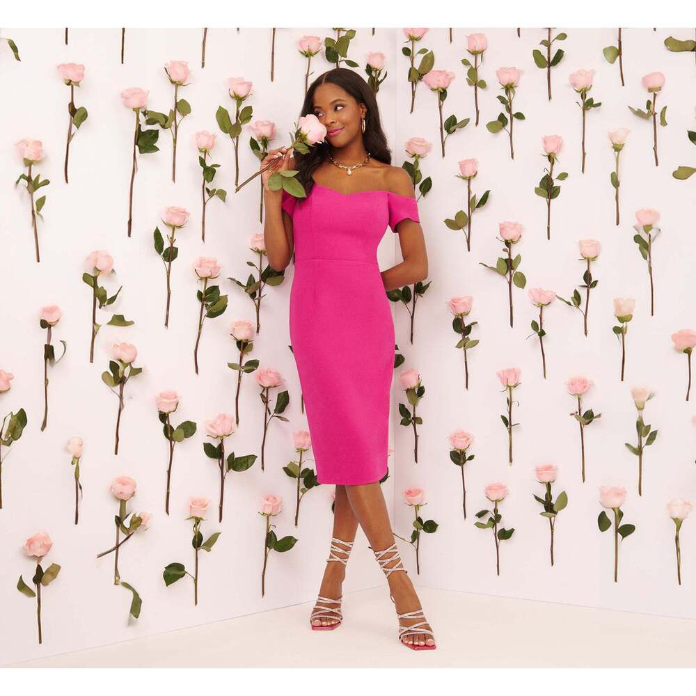 Adrianna Papell Off The Shoulder Midi Dress With Sweetheart Neckline In Brillian